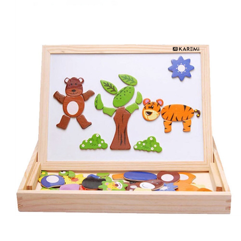 Puzzle Karemi din lemn, tabla cu 2 fete, magnetica si table pentru creta, cu animale