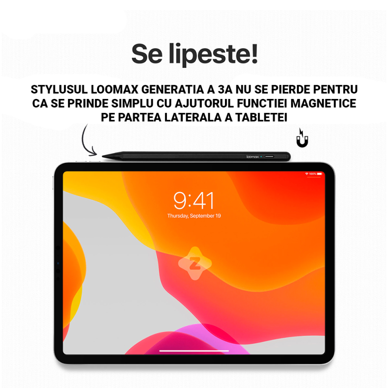 Stylus Pen, Loomax, pix pentru tableta iPad Apple, 10 penite anti-zgarieturi, 1 functie Palm Rejection, Tilt, Magnetic, USB-C, Negru